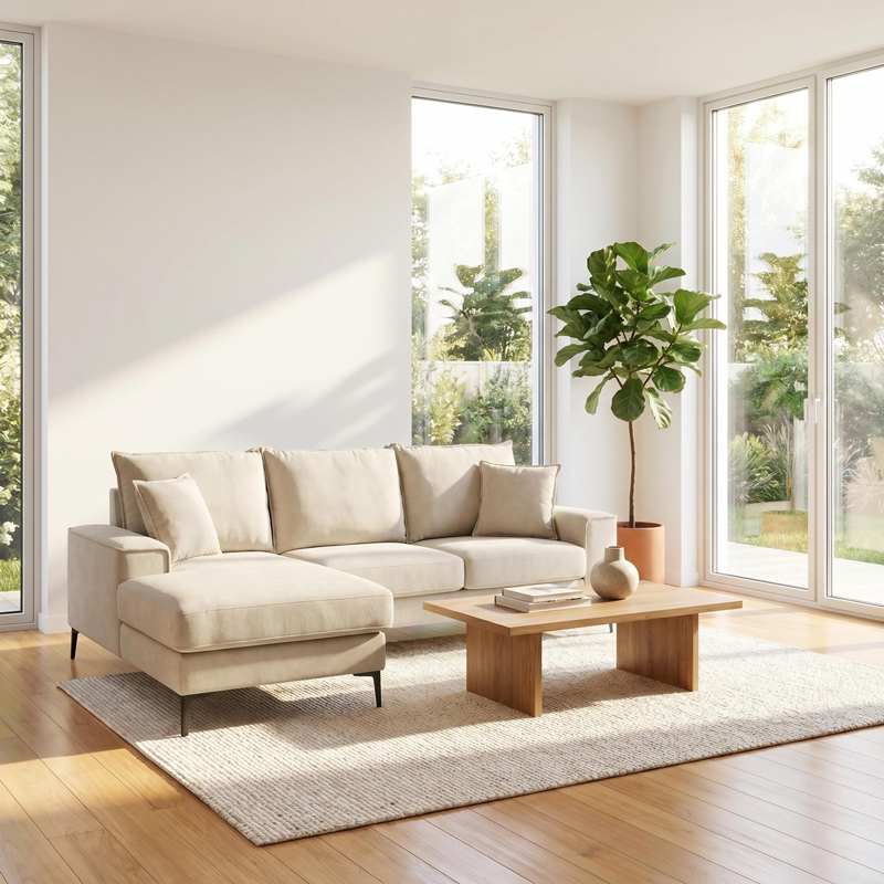 product_pako_074-000093 Γωνιακός καναπές Ravelma αναστρέψιμος μπεζ ύφασμα 241x168x87εκ - Image 1