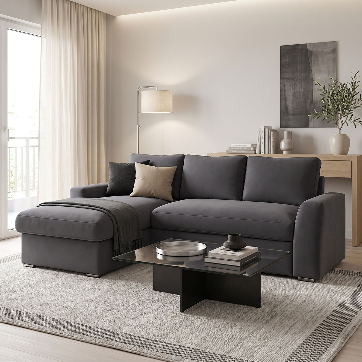 product_pako_165-000018 Γωνιακός καναπές κρεβάτι Belle αναστρέψιμος ανθρακί ύφασμα 236x164x88εκ - Image 1