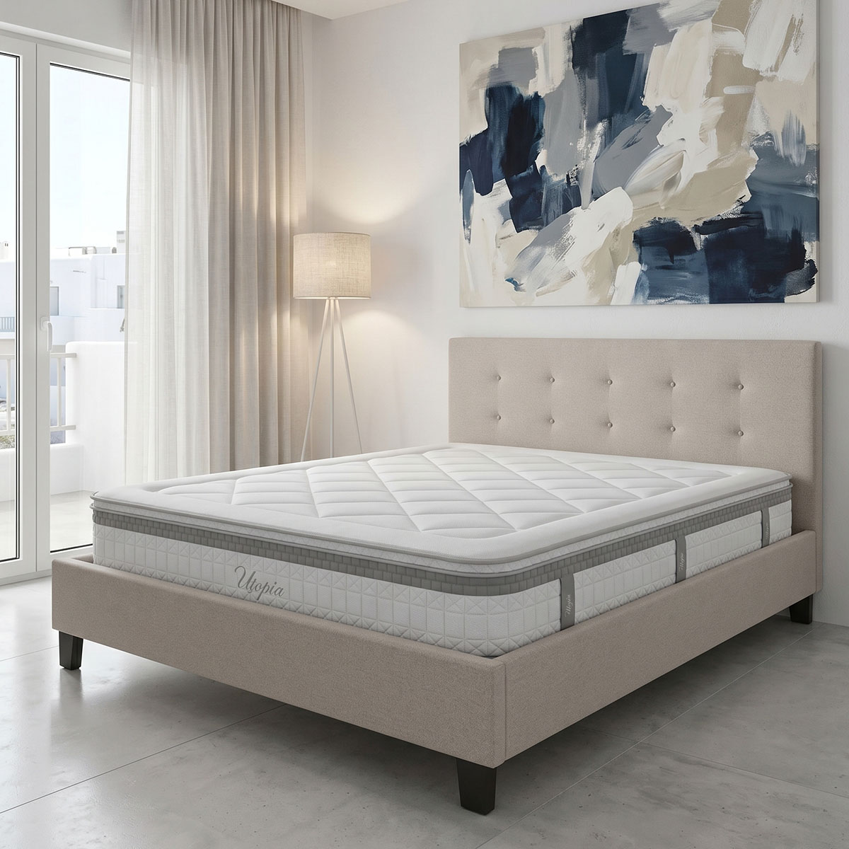 product_pako_200-001749 Κρεβάτι με στρώμα Mago-Utopia ύφασμα εκρου 150x200εκ - Image 1
