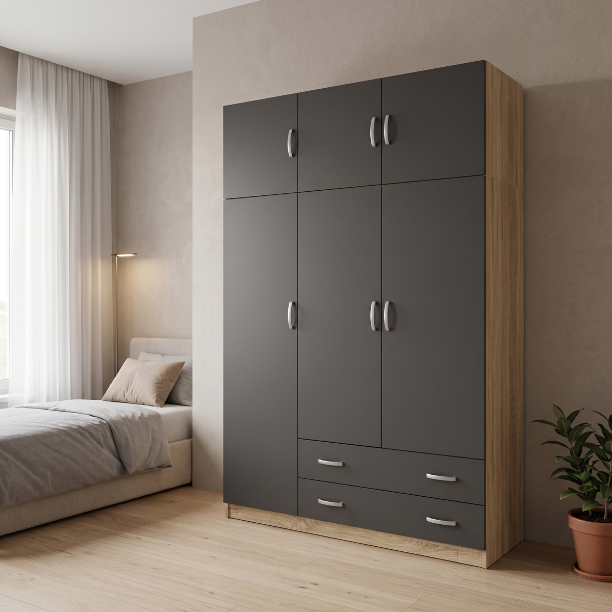 product_pako_200-002083 Ντουλάπα τρίφυλλη με πατάρι Alvia sonoma με ανθρακί 150x51x240εκ - Image 1