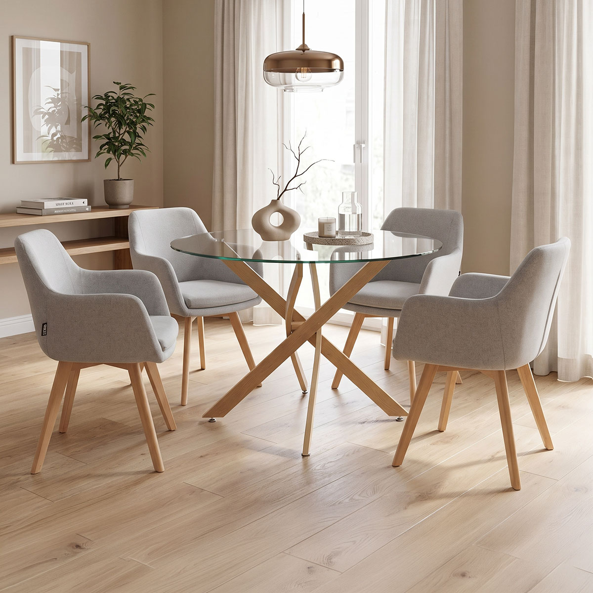 product_pako_200-001532 Τραπεζαρία με Πολυθρόνες Safira γκρι και Τραπέζι Antoro γυαλί Φ100x75εκ Σετ 5τεμ - Image 1