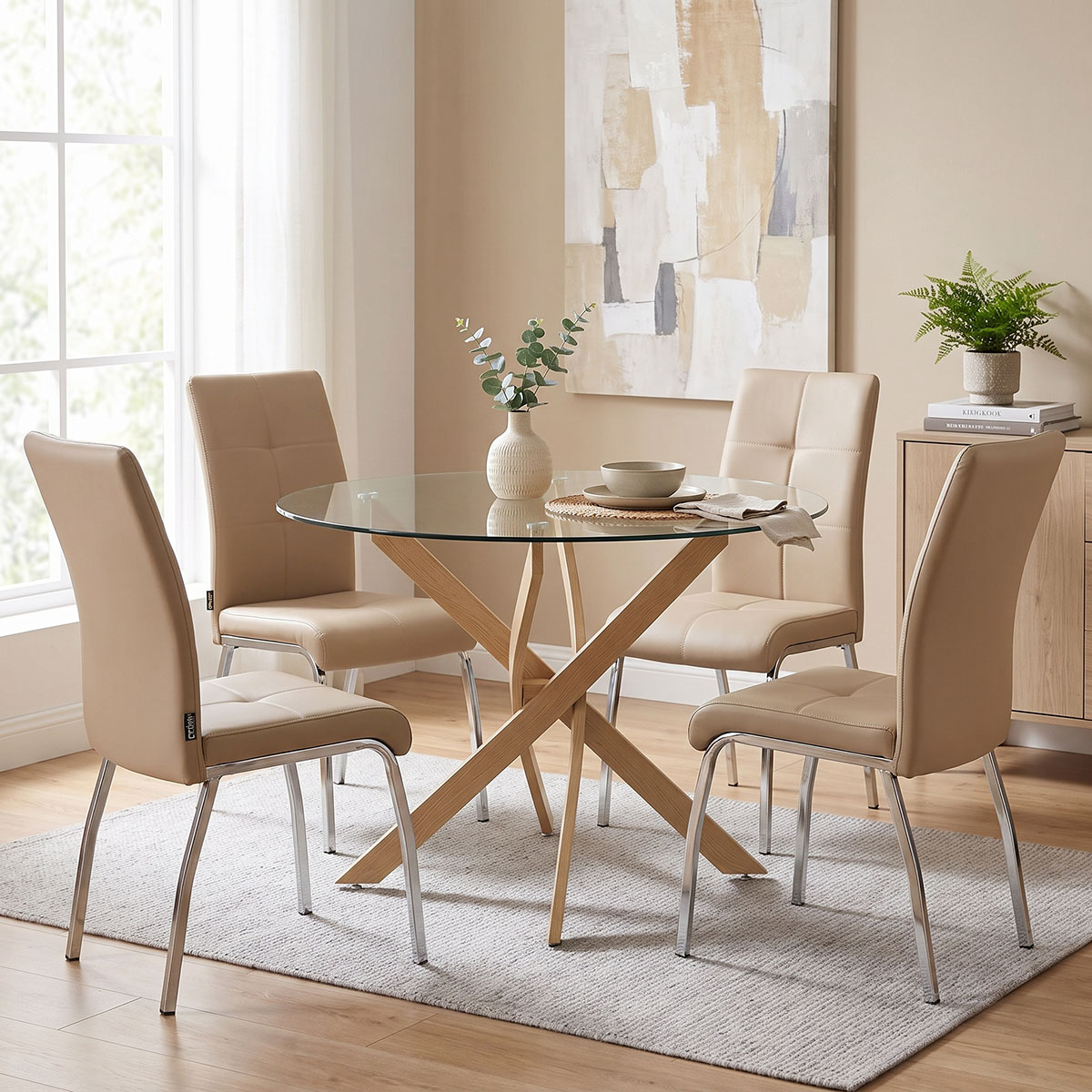product_pako_200-001570 Τραπεζαρία με Καρέκλες Ariadne Μόκα και Τραπέζι Antoro γυαλί Φ100x75εκ Σετ 5τεμ - Image 1