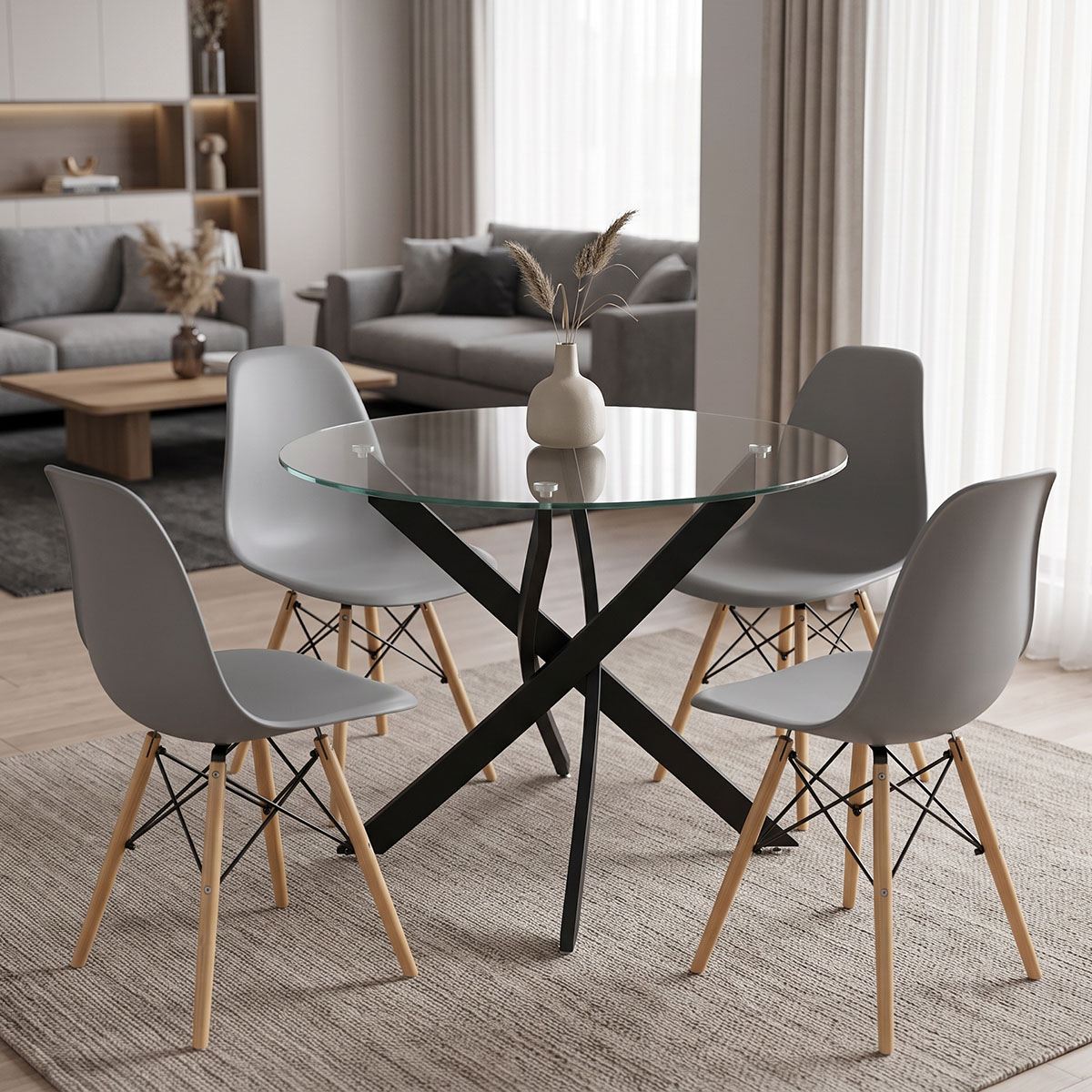 product_pako_200-001907 Τραπεζαρία με Καρέκλες Julita γκρι και Τραπέζι Antoro γυαλί με μαύρο μέταλλο Φ80x75εκ Σετ 5τεμ - Image 1