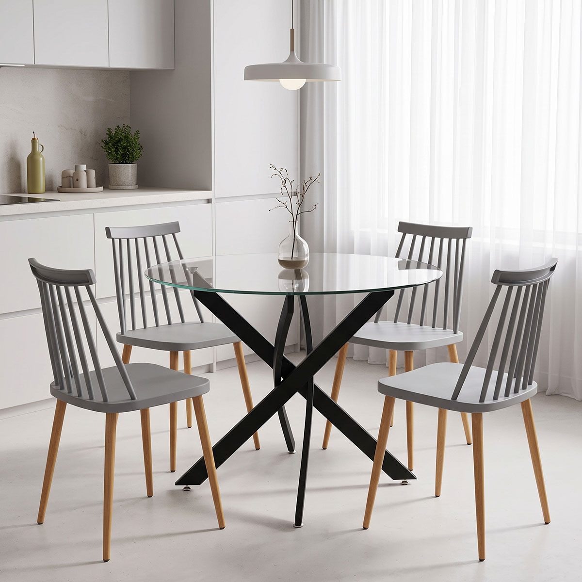 product_pako_200-001909 Τραπεζαρία με Καρέκλες Aurora γκρι και Τραπέζι Antoro γυαλί με μαύρο μέταλλο Φ80x75εκ Σετ 5τεμ - Image 1