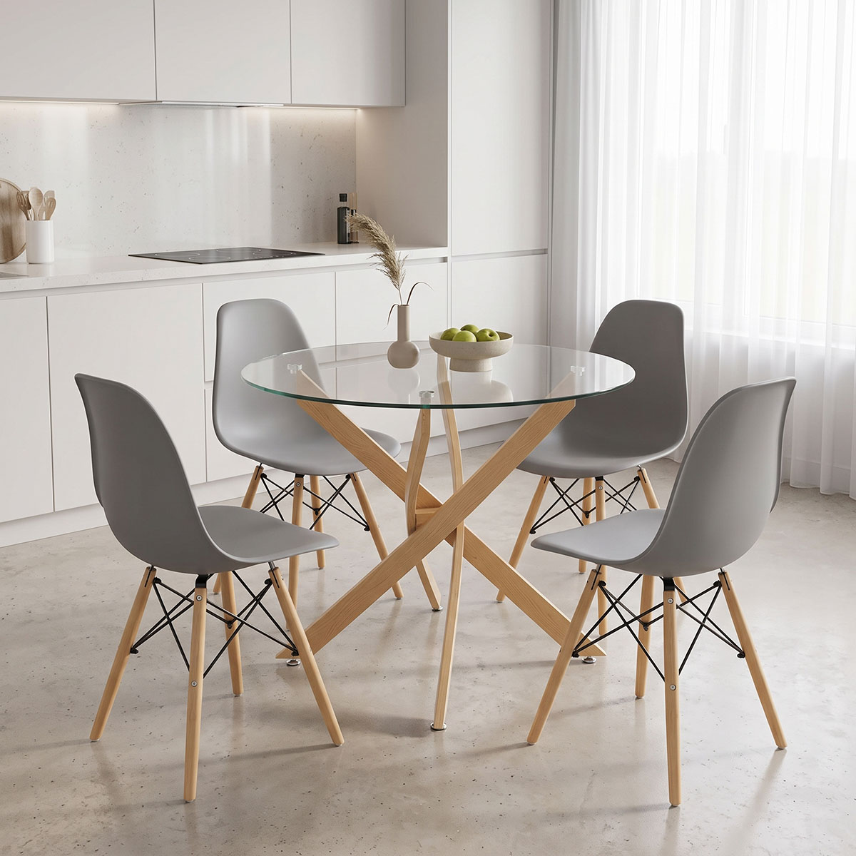 product_pako_200-001916 Τραπεζαρία με Καρέκλες Julita γκρι και Τραπέζι Antoro γυαλί με μέταλο σε φυσική απόχρωση Φ80x75εκ Σετ 5τεμ - Image 1