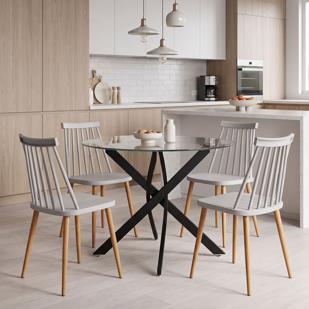product_pako_200-001933 Τραπεζαρία με Καρέκλες Aurora γκρι και Τραπέζι Antoro γυαλί με μαύρο μέταλο Φ100x75εκ Σετ 5τεμ - Image 1
