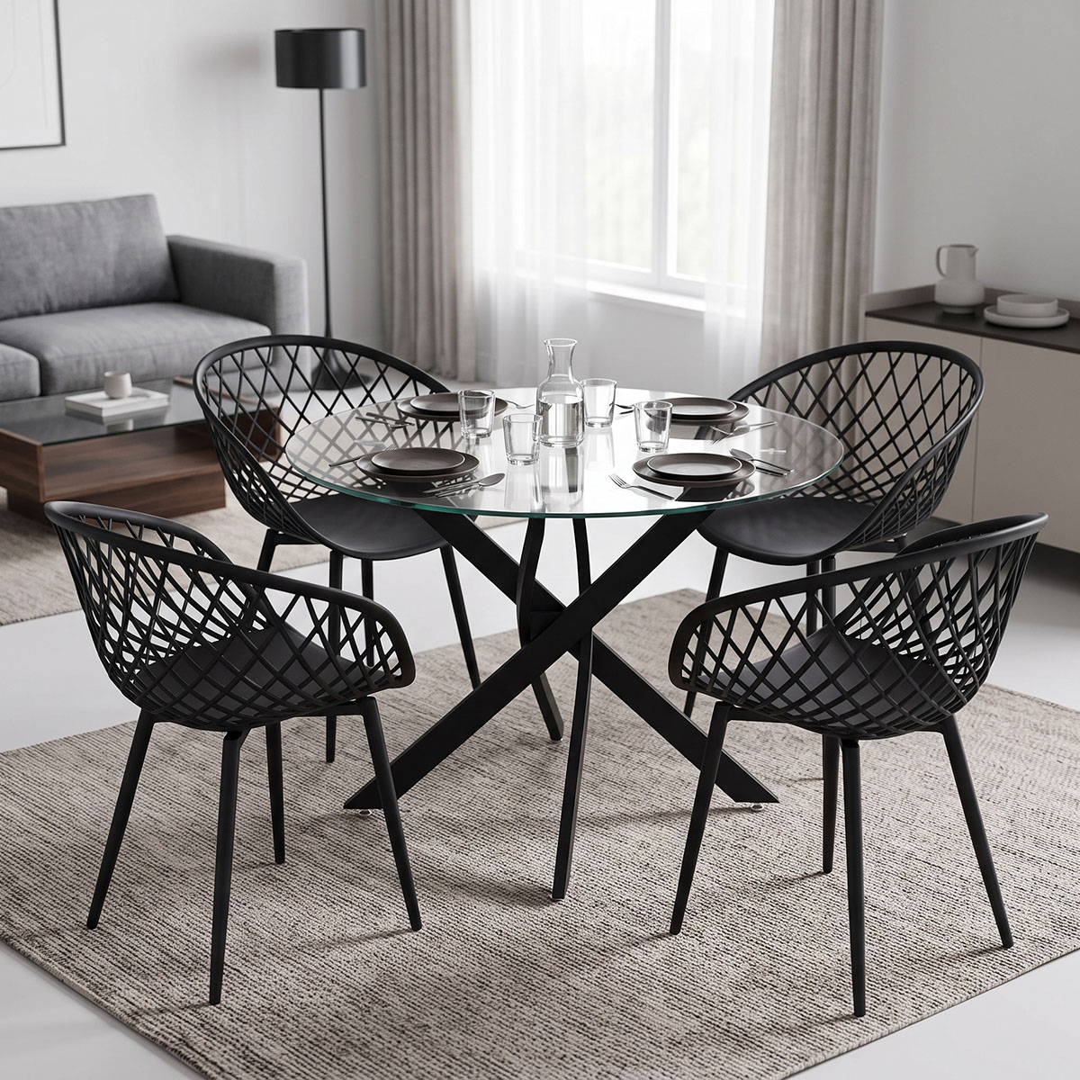 product_pako_200-001934 Τραπεζαρία με Πολυθρόνες Ezra μαύρο και Τραπέζι Antoro γυαλί με μαύρο μέταλο Φ100x75εκ Σετ 5τεμ - Image 1