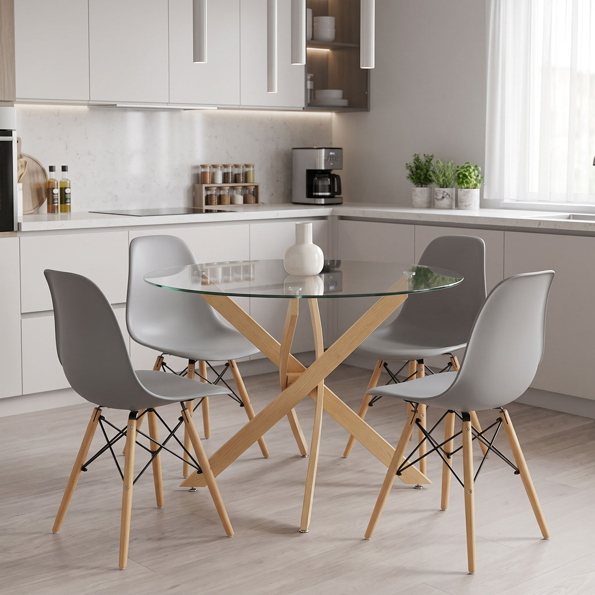 product_pako_200-001940 Τραπεζαρία με Καρέκλες Julita γκρι και Τραπέζι Antoro γυαλί με μέταλο σε φυσική απόχρωση Φ100x75εκ Σετ 5τεμ - Image 1