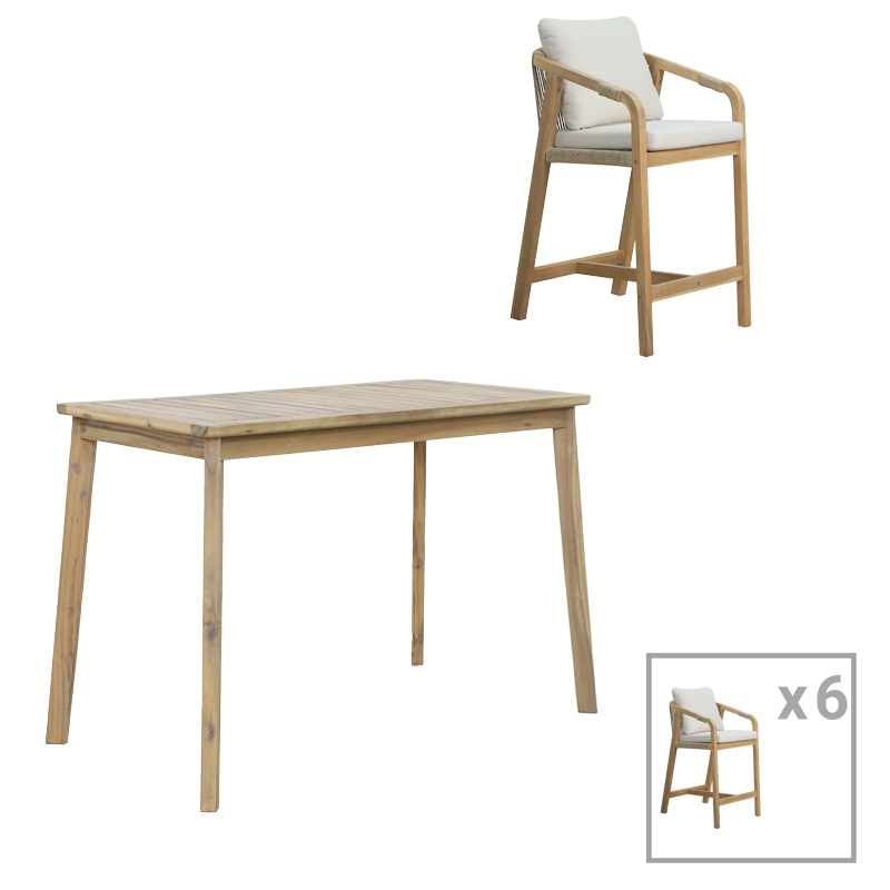 product_pako_228-000056 Τραπεζαρία Bravo-Luciana σετ 7 τμχ μασίφ ξύλο ακακίας και μπεζ ύφασμα 130x70x90εκ - Image 1