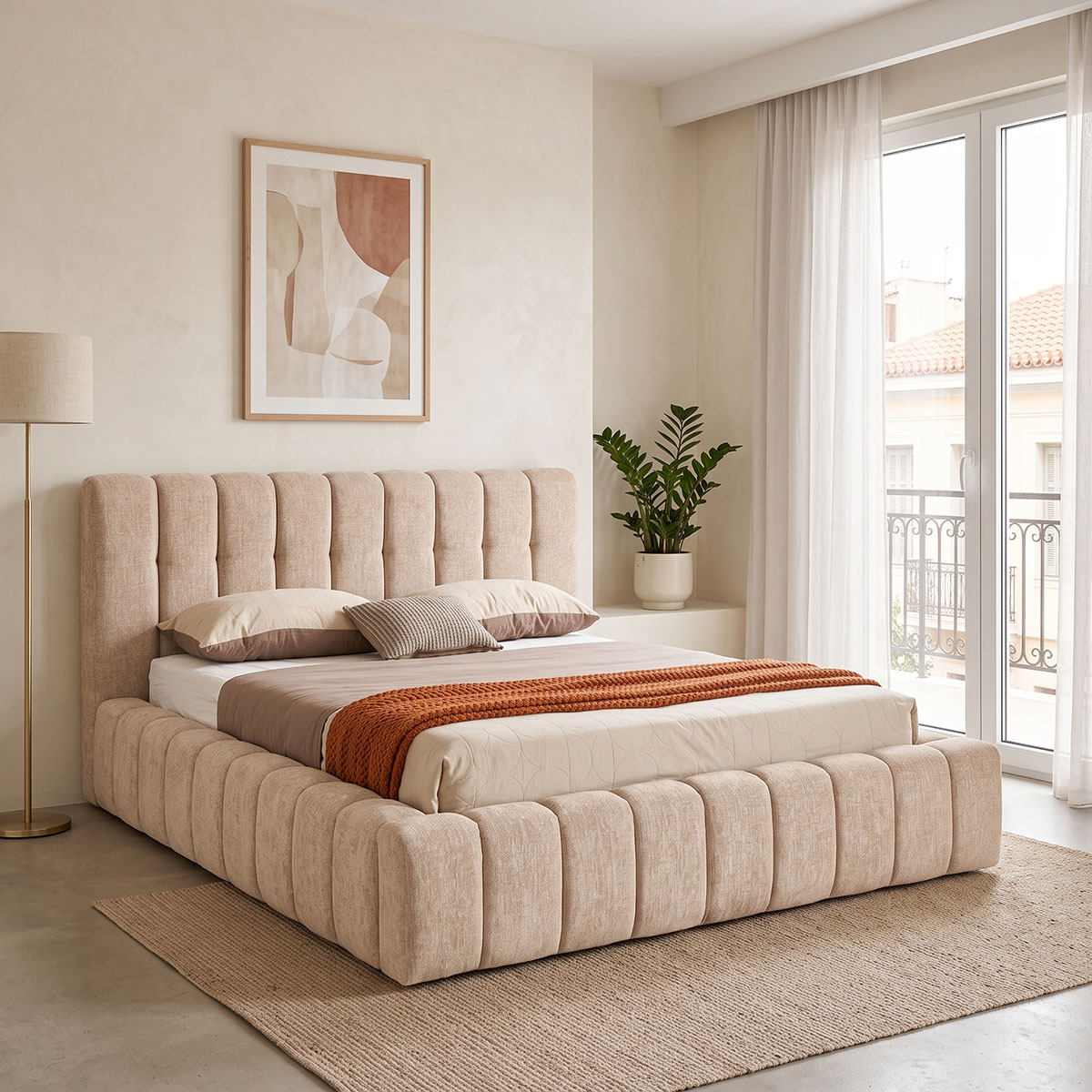 product_pako_279-000027 Κρεβάτι διπλό Vilou με αποθηκευτικό χώρο μπεζ ύφασμα 160x200εκ - Image 1