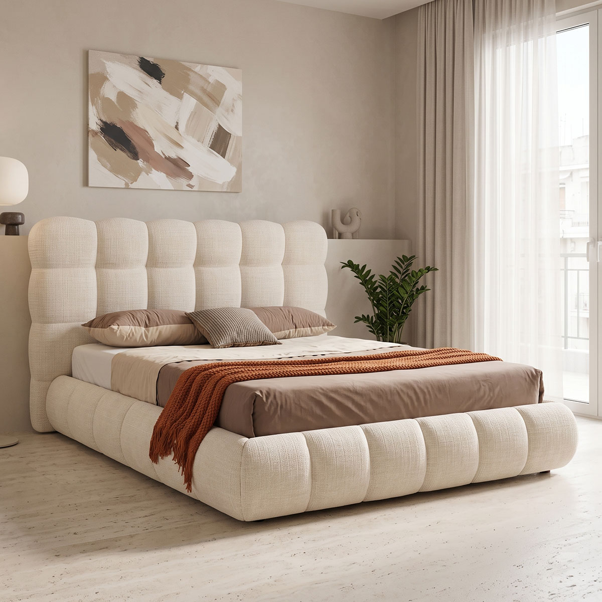 product_pako_279-000029 Κρεβάτι διπλό Abena με αποθηκευτικό χώρο μπεζ μπουκλέ ύφασμα 160x200εκ - Image 1