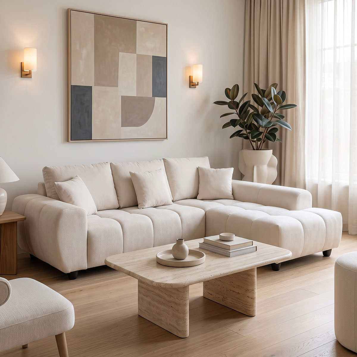 product_pako_371-000031 Γωνιακός καναπές Londe αριστερή γωνία με μπεζ ύφασμα 273x211x92εκ - Image 1
