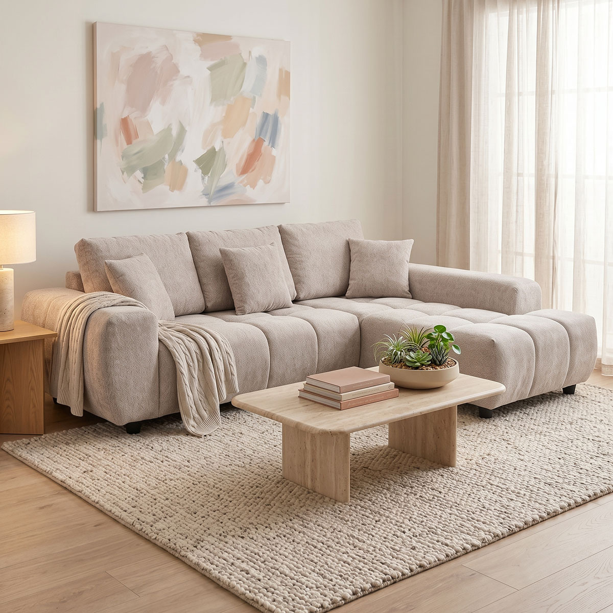 product_pako_371-000035 Γωνιακός καναπές Londe αριστερή γωνία με γκρι μπεζ ύφασμα 273x211x92εκ - Image 1