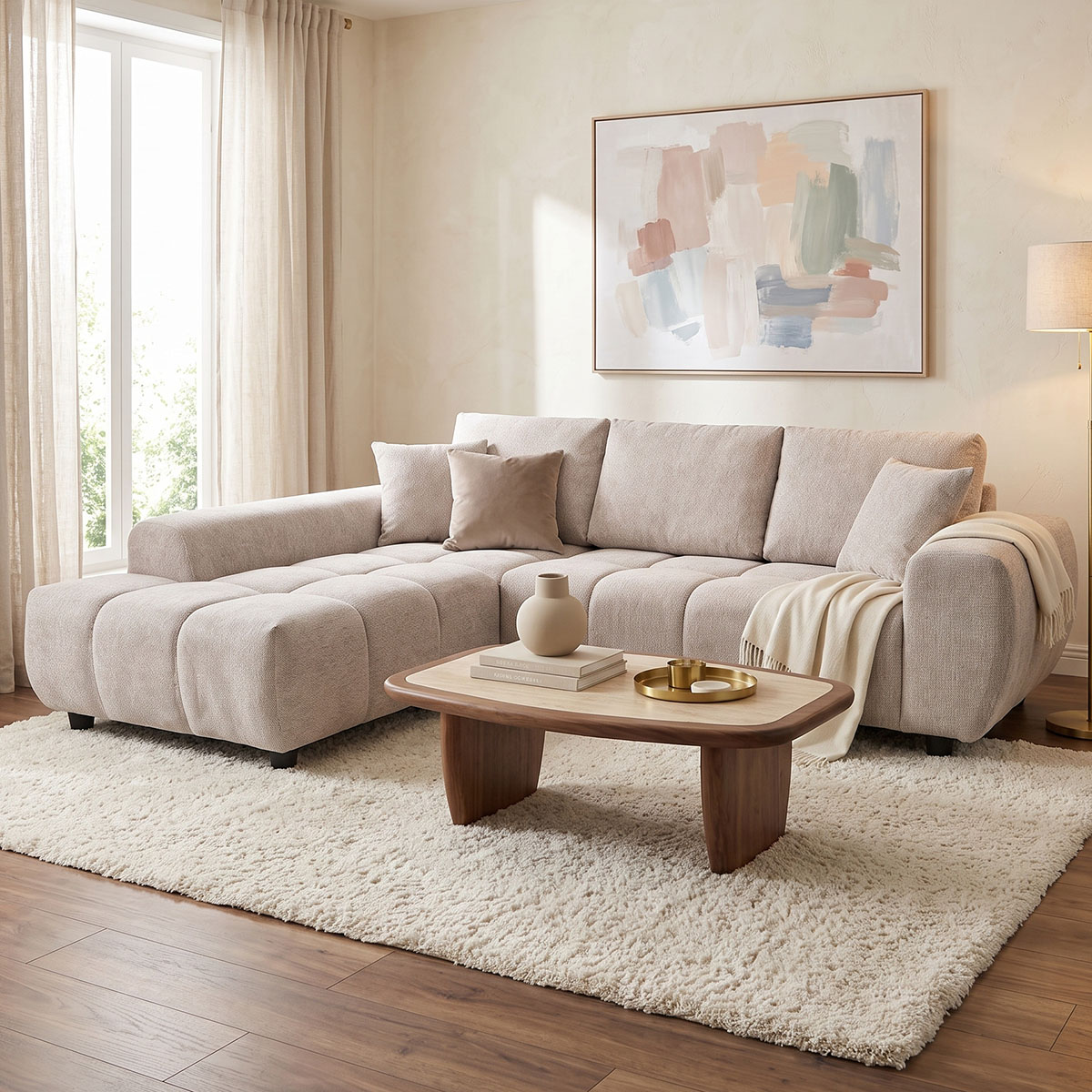 product_pako_371-000036 Γωνιακός καναπές Londe δεξιά γωνία με γκρι μπεζ ύφασμα 273x211x92εκ - Image 1