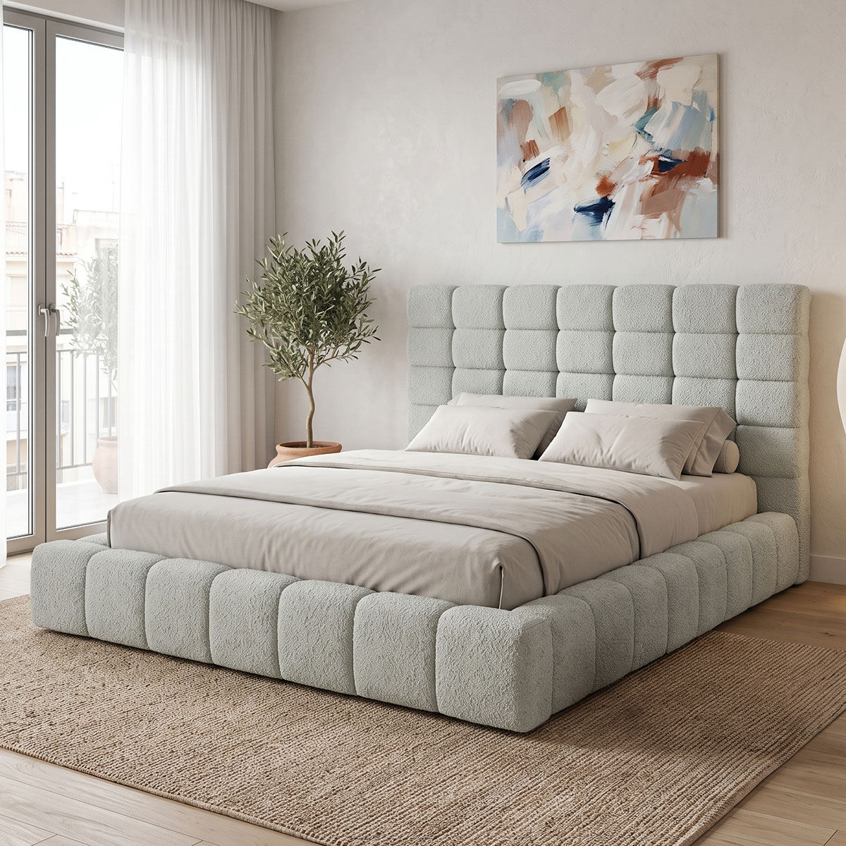 product_pako_429-000005 Κρεβάτι διπλό Pernant ανοιχτό γκρι μπουκλέ ύφασμα 160x200εκ - Image 1