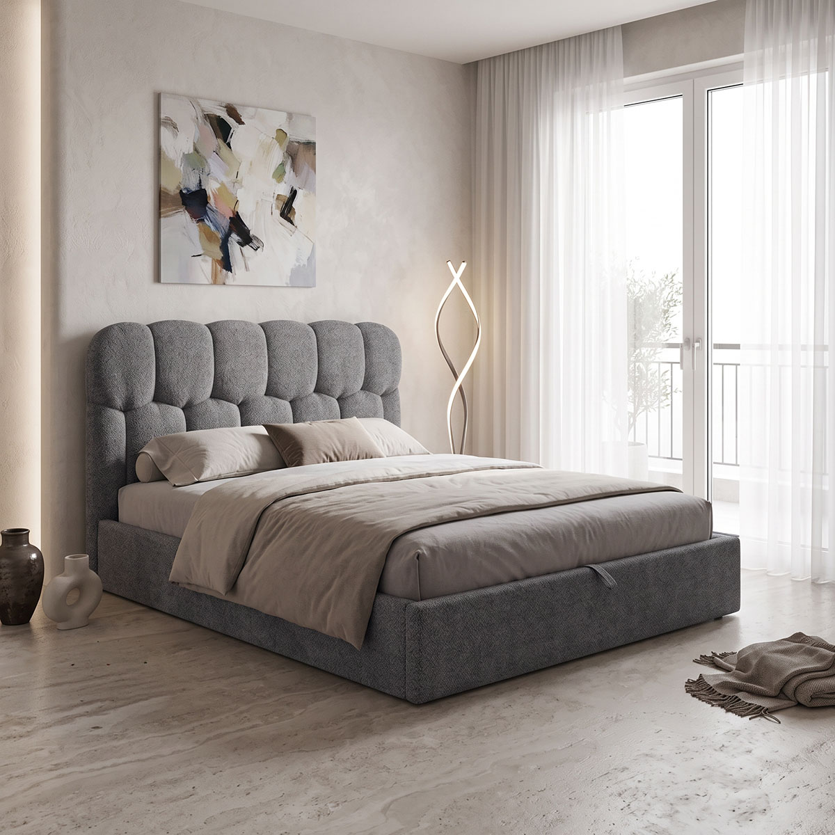 product_pako_429-000008 Κρεβάτι διπλό Sectra γκρι μπουκλέ ύφασμα 160x200εκ - Image 1