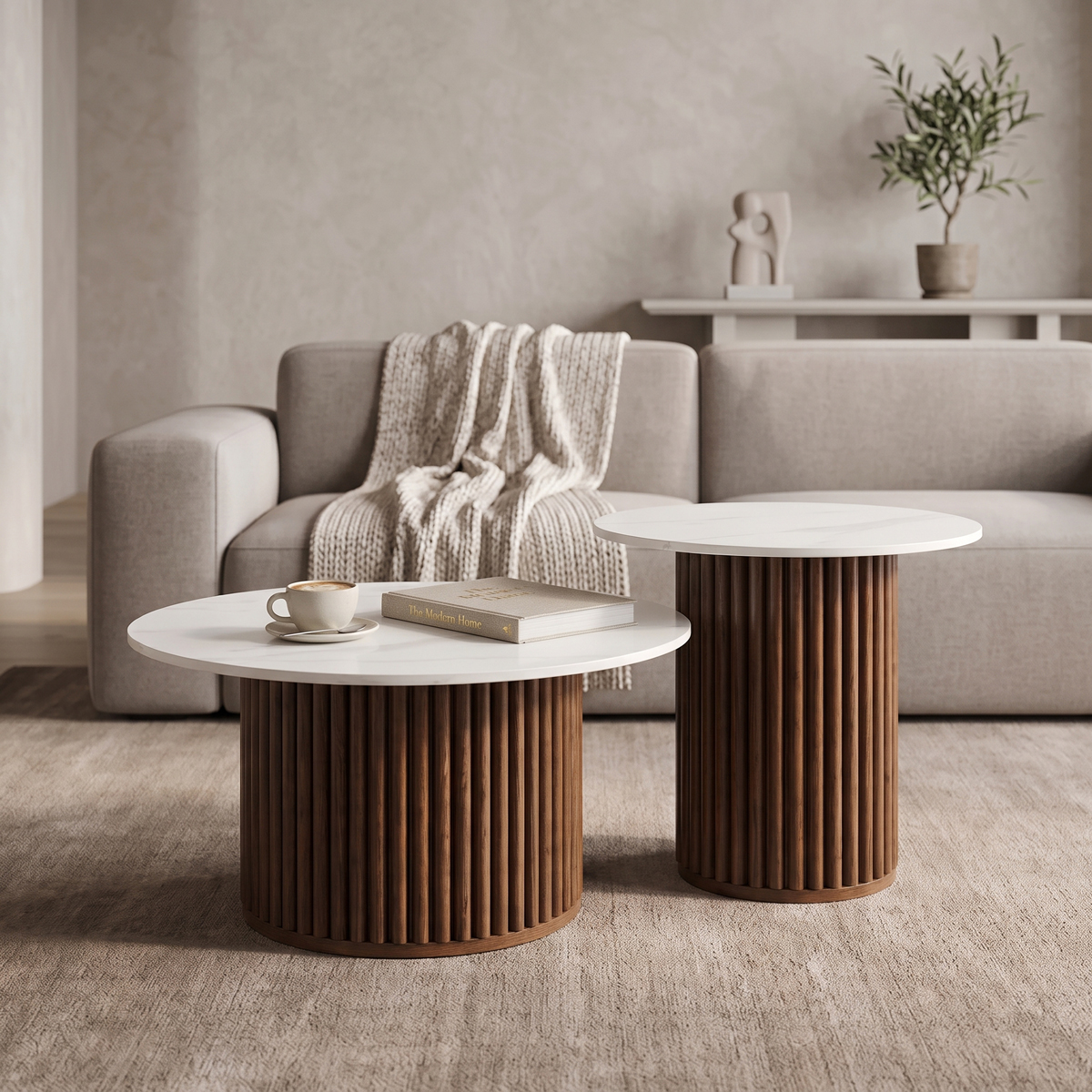 product_pako_072-000189 Τραπέζι σαλονιού Skerta σετ 2τεμ λευκό sintered stone mdf με καρυδί βάση - Image 1