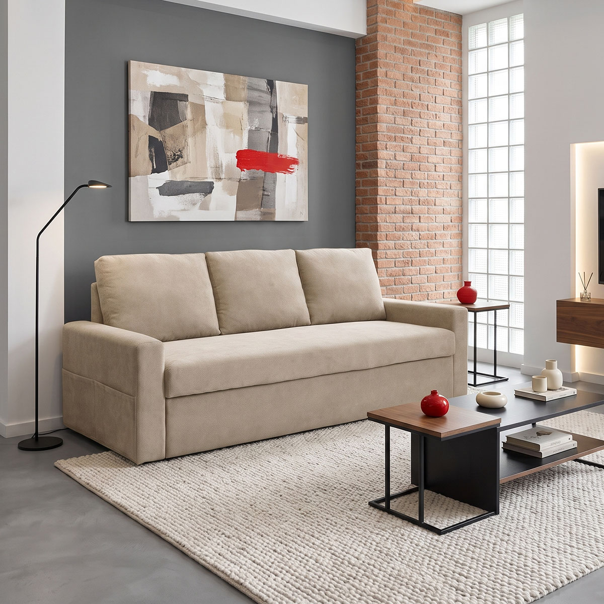 product_pako_074-000120 Καναπές Κρεβάτι Keyla τριθέσιος γκρι μπεζ ύφασμα 215x86x87εκ - Image 1