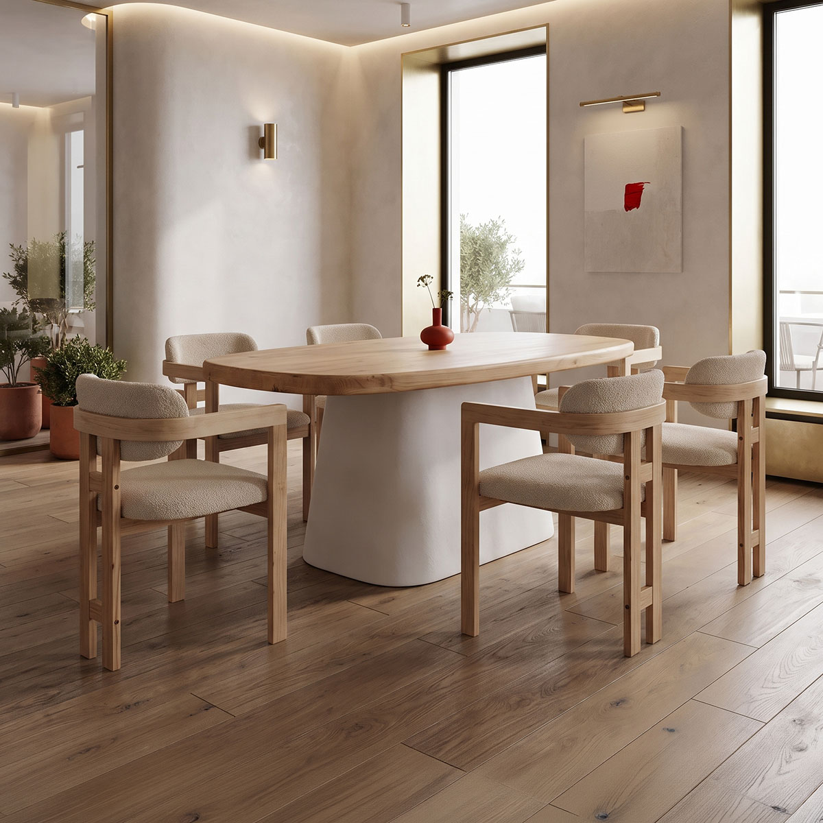 product_pako_200-002102 Τραπεζαρία με Πολυθρόνες Winsor μπεζ και Τραπέζι Fessen λευκό με φυσική απόχρωση 180x90x78εκ Σετ 7τεμ - Image 1