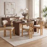 Τραπεζαρία με Καρέκλες Genoa μπεζ και Τραπέζι Eleganza sonoma MDF και rubberwood 180x99x75,8εκ Σετ 7τεμ