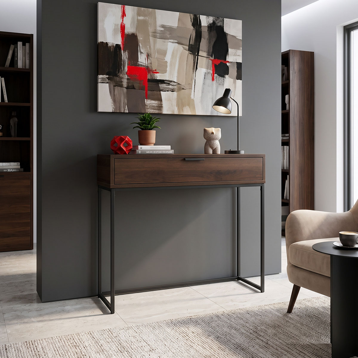 product_pako_225-000111 Κονσόλα Joumpa με συρτάρι καρυδί με μαύρο μέταλλο 80x28x76.5εκ - Image 1