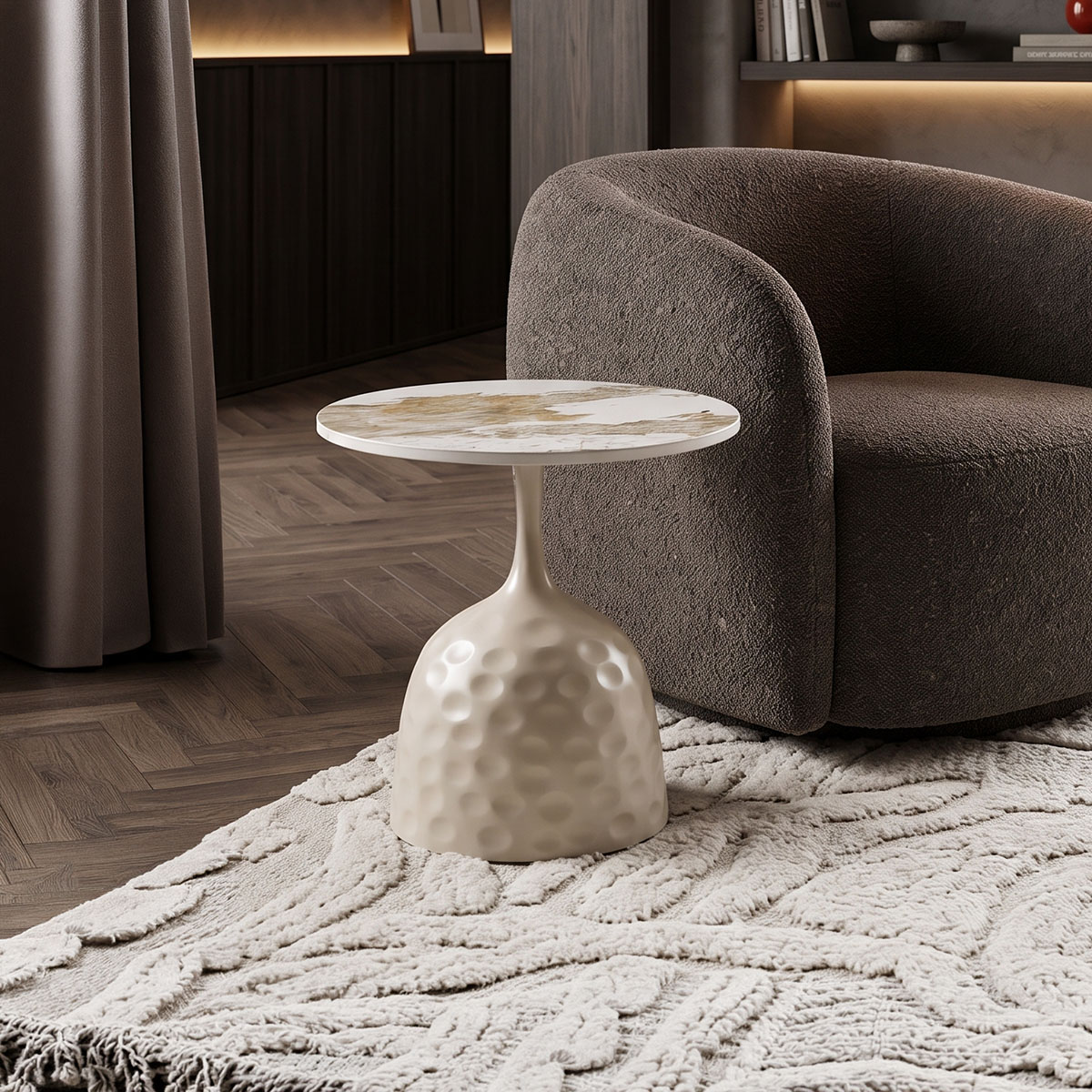 product_pako_278-000105 Βοηθητικό τραπέζι Amphora μέταλλο cappuccino-τραβερτίνα με όψη μαρμάρου Φ50x47εκ - Image 1