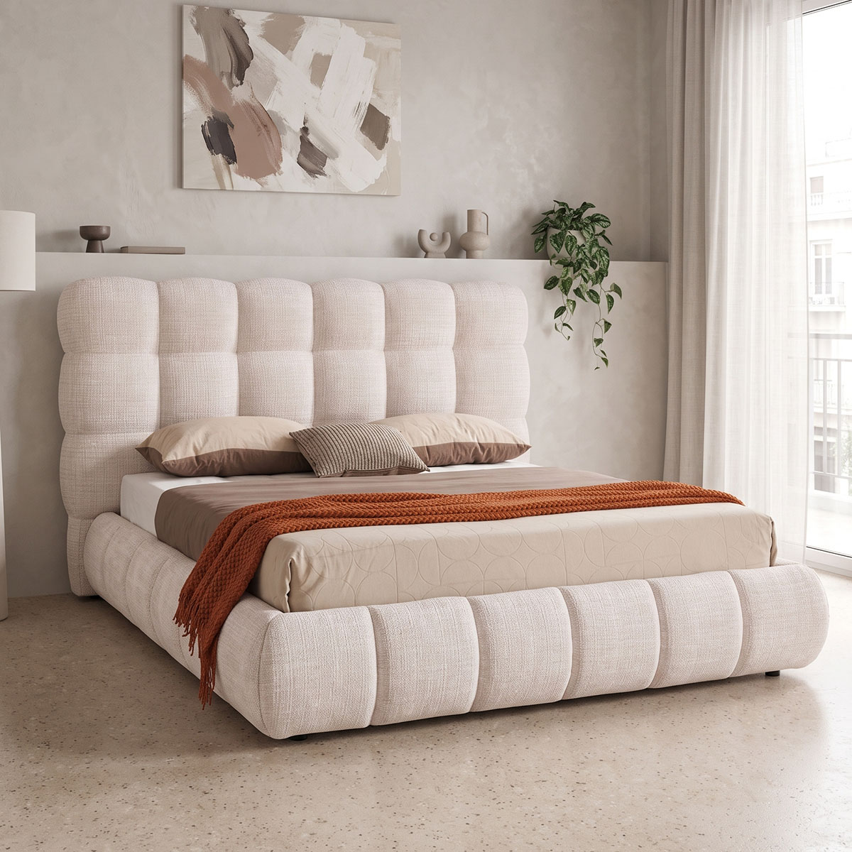 product_pako_279-000028 Κρεβάτι διπλό Abena με αποθηκευτικό χώρο εκρού μπουκλέ ύφασμα 160x200εκ - Image 1