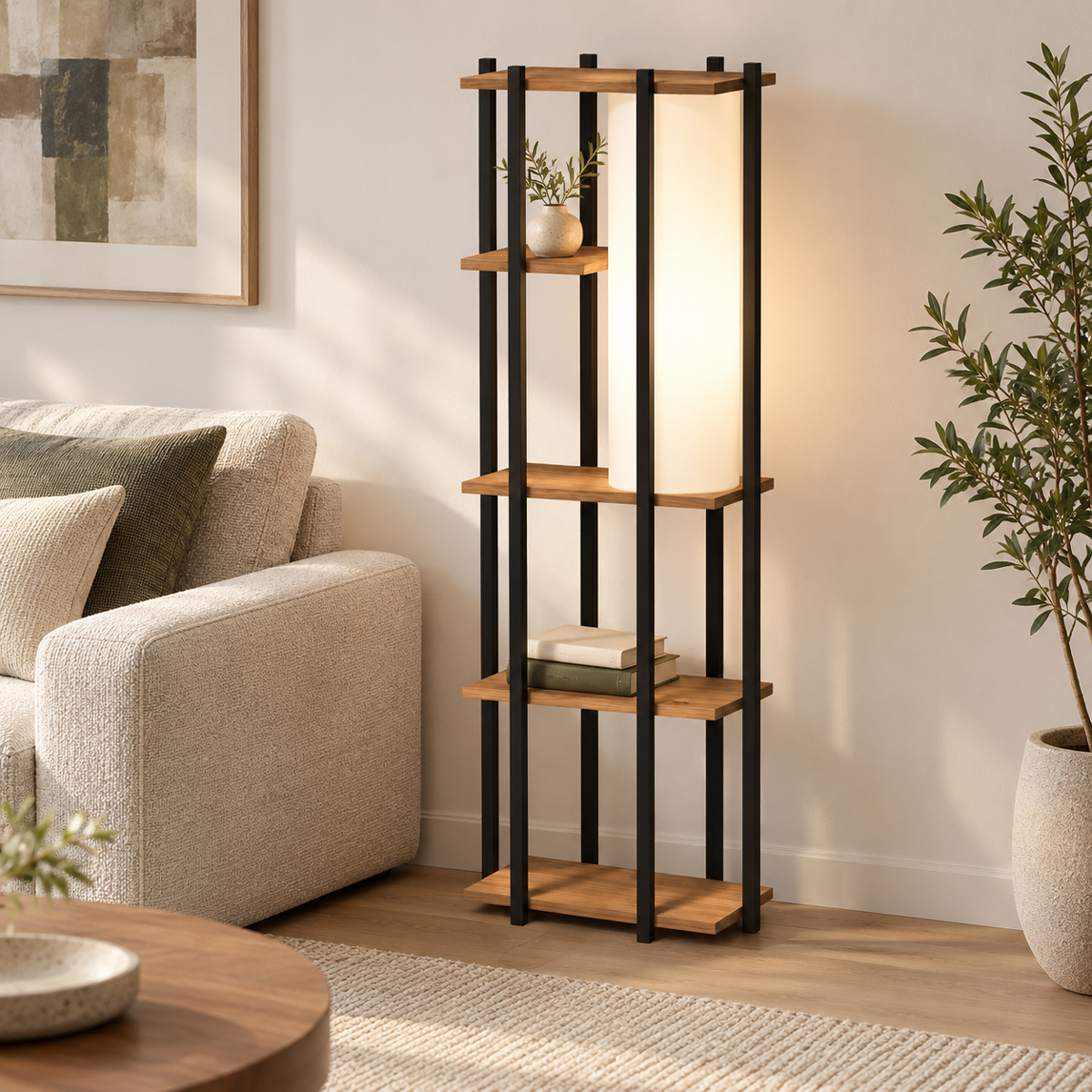 product_pako_321-000134 Φωτιστικό δαπέδου με ράφια Lumna oak με μαύρο μέταλλο 45x24x150εκ - Image 1