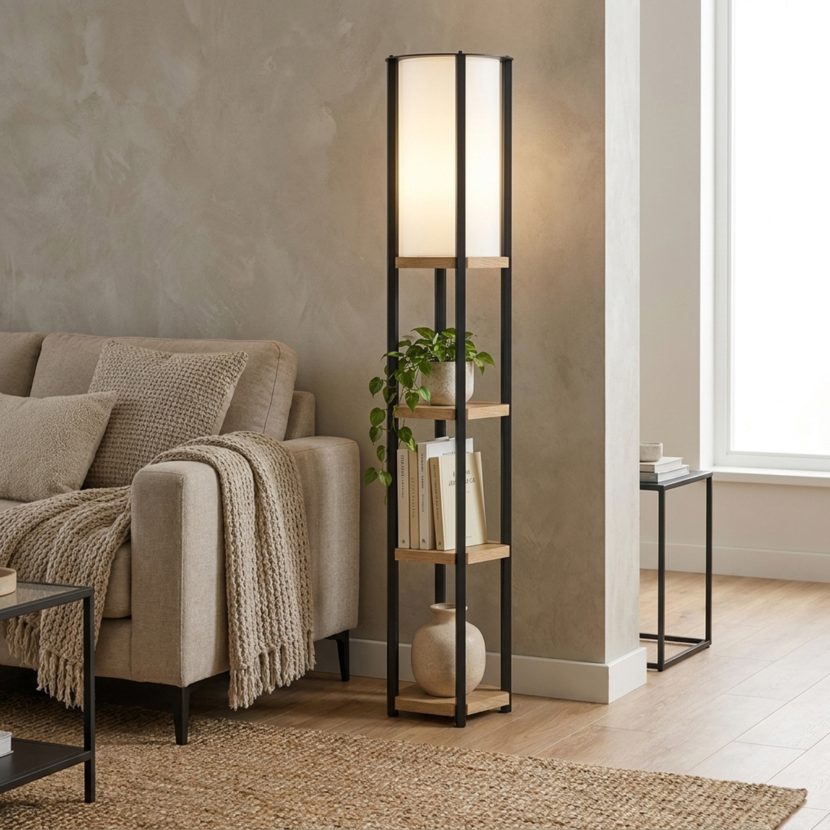 product_pako_321-000135 Φωτιστικό δαπέδου με ράφια Starda oak με μαύρο μέταλλο 25x25x150εκ - Image 1