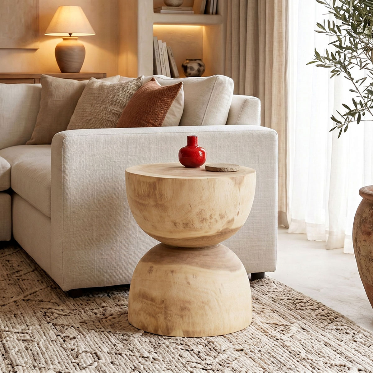product_pako_422-000006 Σκαμπό Τραπεζάκι Hourglass suar ξύλο σε φυσική απόχρωση Φ40x45εκ - Image 1