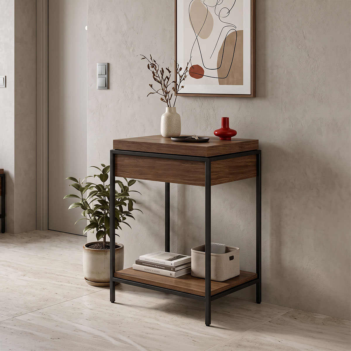 product_pako_431-000012 Κονσόλα Odar με αποθηκευτικό χώρο καρυδί MDF με μαύρο μέταλλο 63x63x80εκ - Image 1