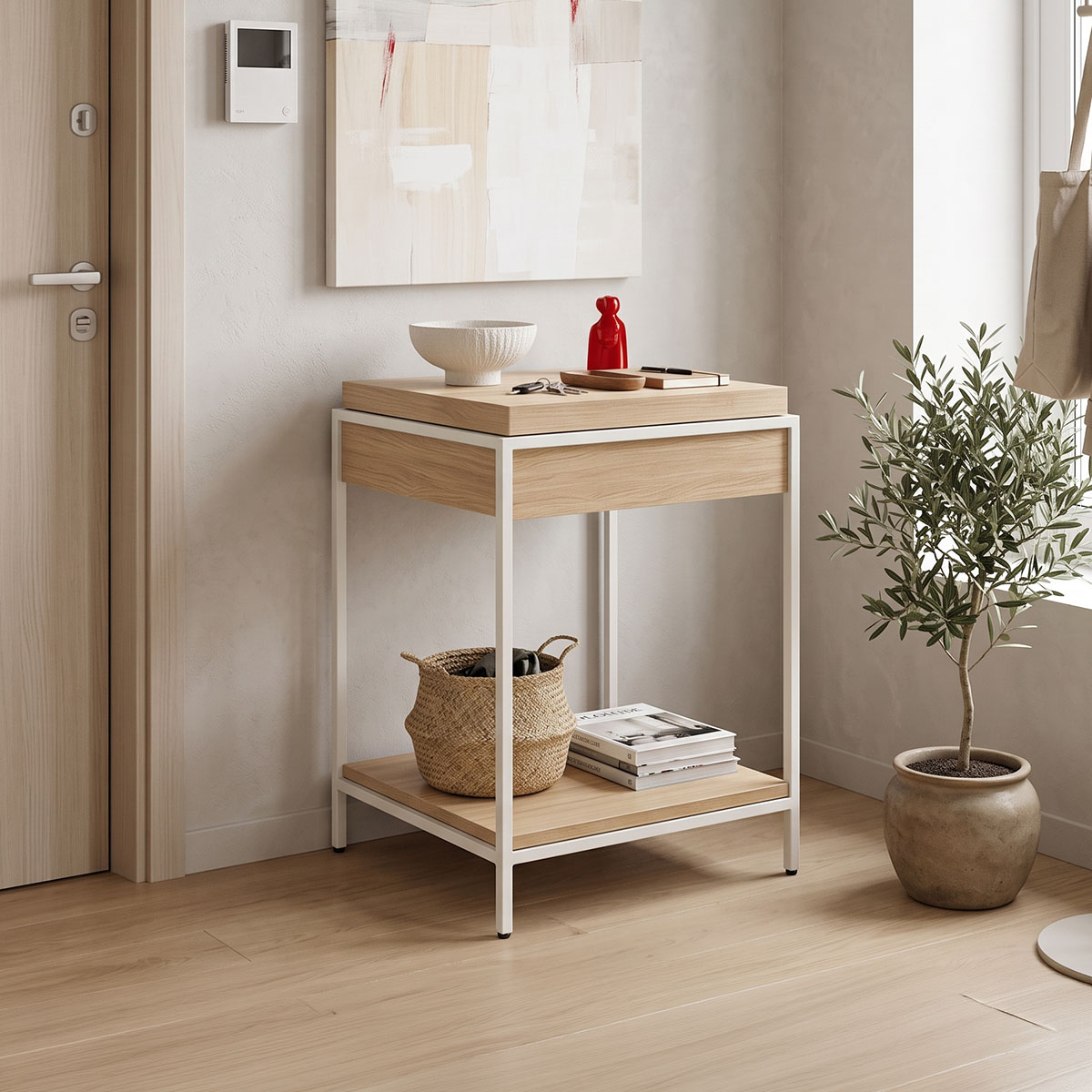 product_pako_431-000013 Κονσόλα Odar με αποθηκευτικό χώρο sonoma MDF με λευκό μέταλλο 63x63x80εκ - Image 1